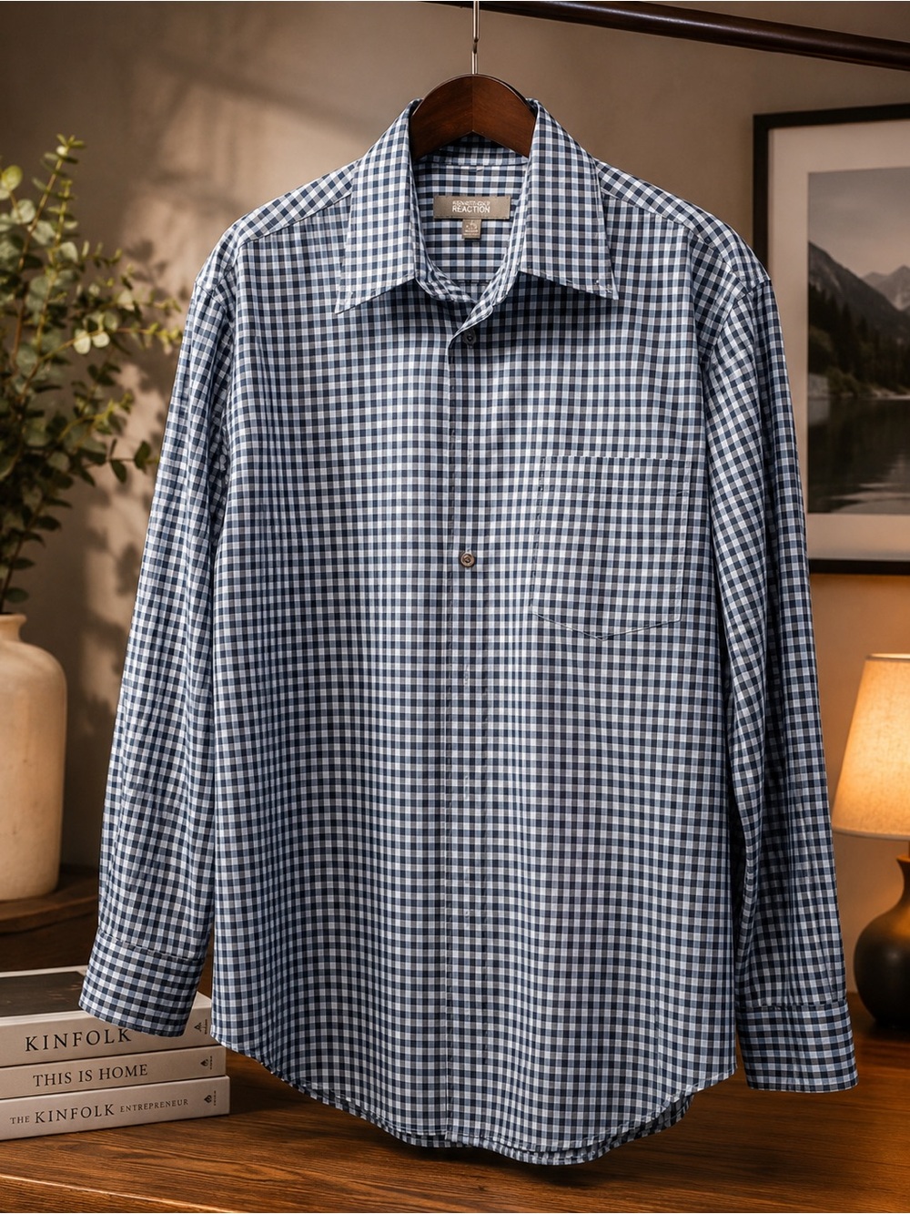 Kenneth Cole Reaction Blue and White Gingham Dress Shirt